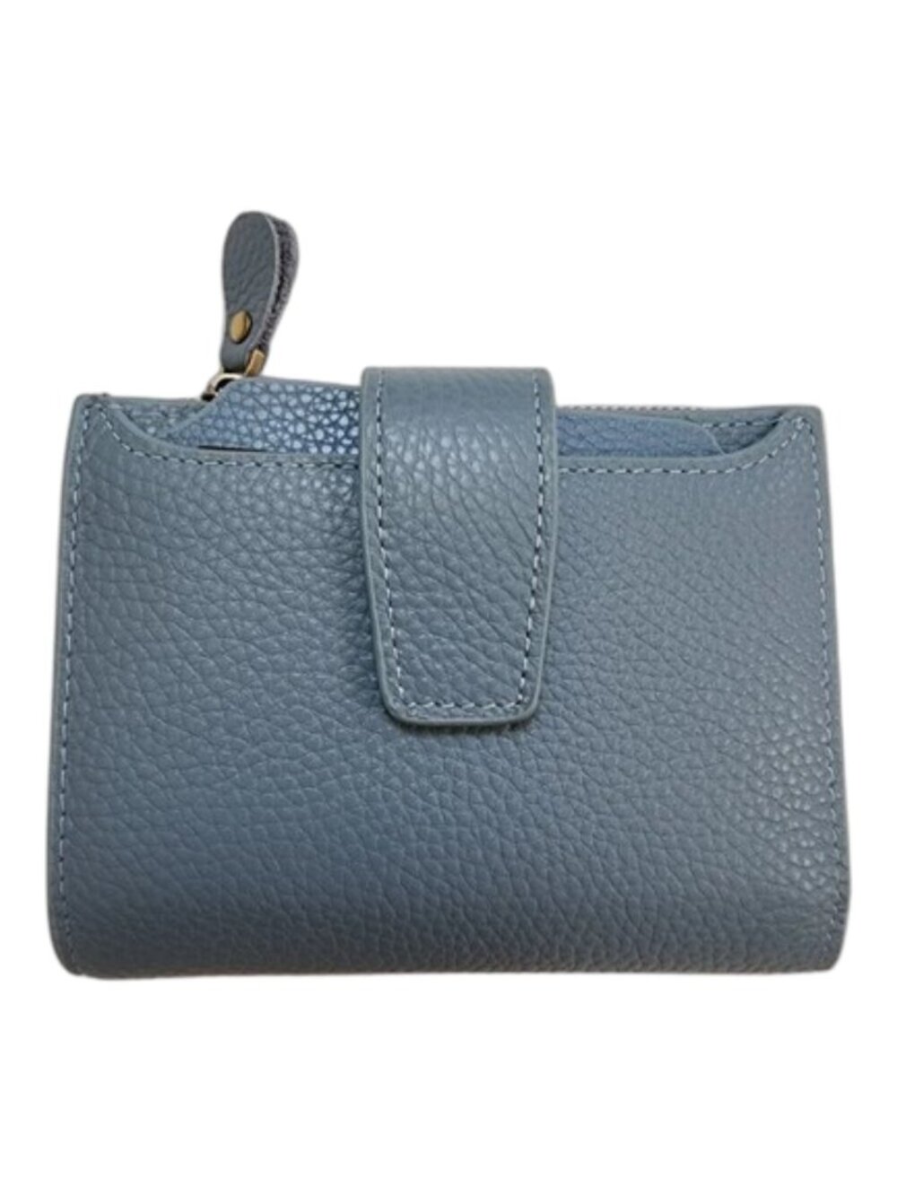 Dusty Blue Pebbled Leather Small Bifold Wallet Multi-Card Organizer Zip Pocket